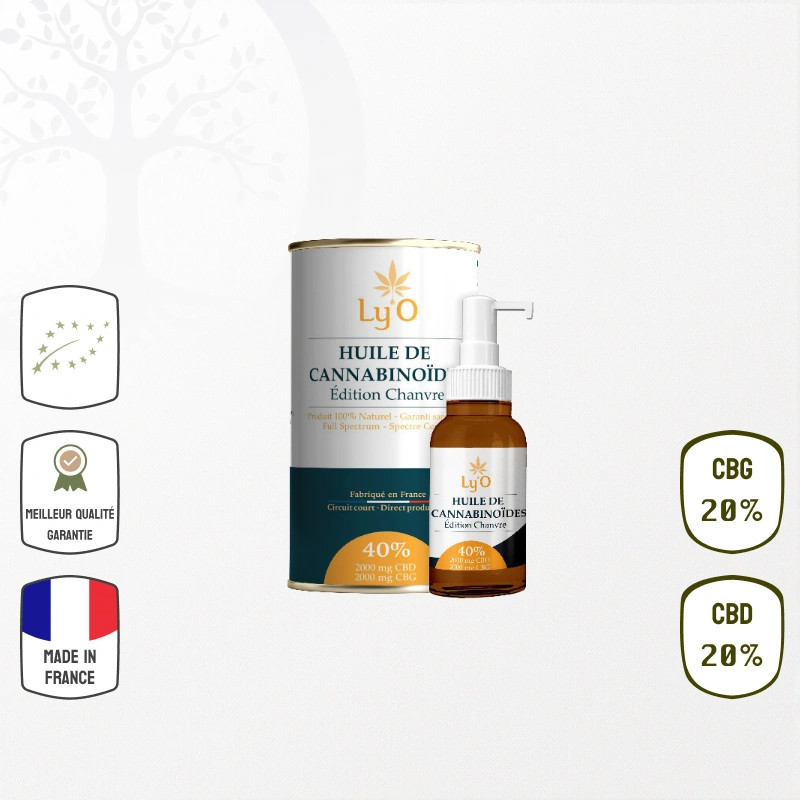 Huile De Cannabinoïdes 40 % BIO : 20 % CBD & 20 % CBG Full Spectrum Ly’O